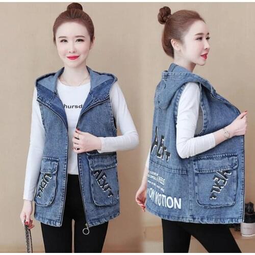 2021 Spring Summer Cowboy Vest Loose Letter Embroidery Waistcoat Short Denim Jacket Female Waistcoat Fashion Pocket Hooded Coat