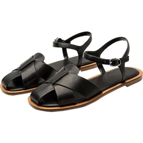 Moraima Snc Vintage Round Toe Flat Sandal Woman Cutouts Ankle Strap Gladiator Shoes Bohemia Style Beach Wearing Sandal