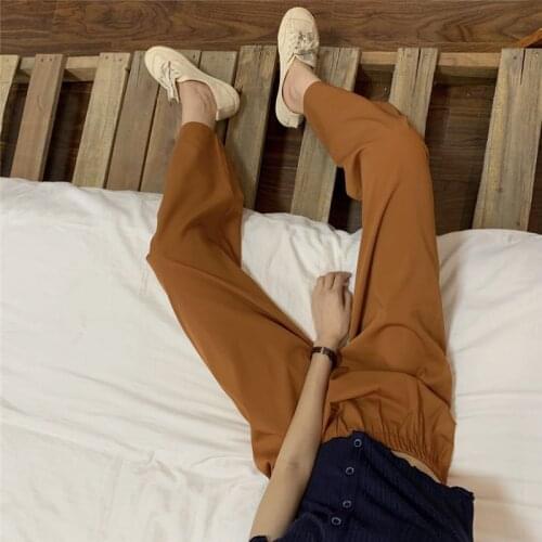 2020 Women Summer Casual Brown Long Wide Leg Pants Elastic High Waist Loose Thin Chiffon Trousers
