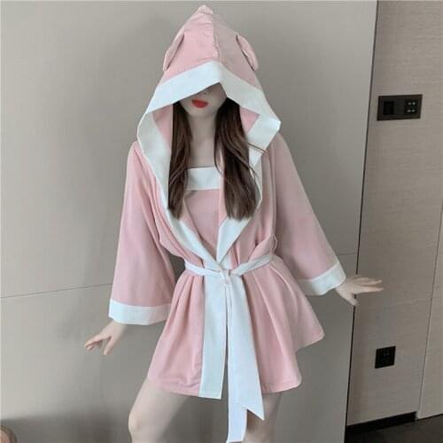 Women Lady Nightgowns Summer Sleepwear Hooded Nightwear Pink Cute Honeymoon Sleepshirt Sleep Lounge Hotel Night Dress Wedding