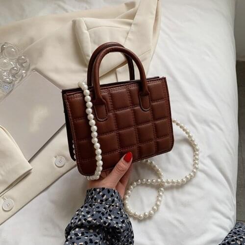 Retro Women Bags Casual Checkered Pattern PU Pearl Chain Mini Shoulder Messenger Mini PU Leather Shoulder Bags for Women