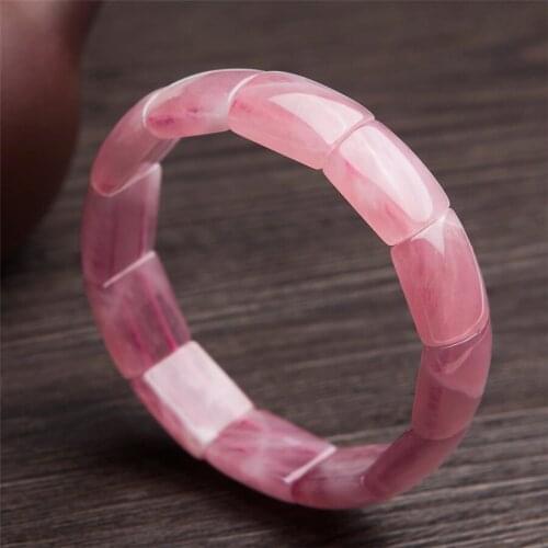 Madagascar Natural Rose Pink Quartz Bracelets For Women Lady Crystal Rectangle Bead Bangle Bracelets