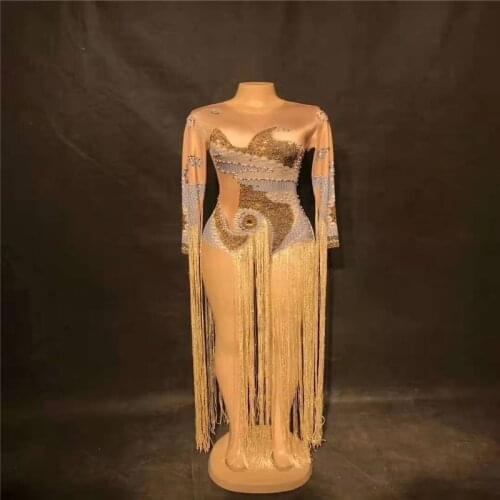 T54 Women pearl bodysuit singer evening dress gold tassel outfit bar perform long sleeve jumpsuit catwalk rhinestone clothing ds