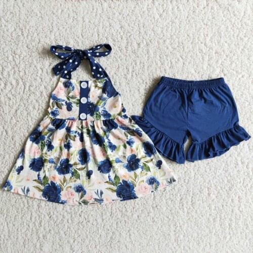 2021 New Style 2PCS Toddler infant Girls Clothing Sets Sleeveless Flower Tops and Blue Shorts Pants Boutique kids Outfits
