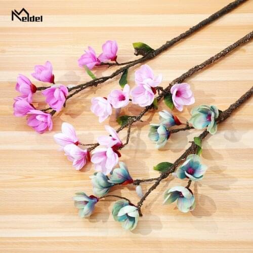 Meldel Silk Magnolia Flower Branch Faux 9 Flower Heads Orchid Fake Pink Flowers Upscale Home Room Table Garden Wedding Decor