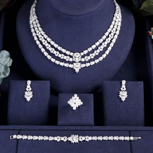 JaneKelly Luxury Sparking Brilliant Cubic Zircon Drop Earring Necklace Heavy Dinner Jewelry Sst Wedding Bridal jewelry sets