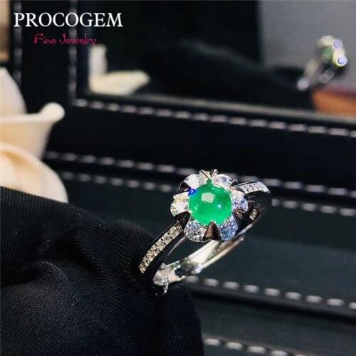 Natural Emerald Flower Rings for Women Engagement 5mm Round Genuine gemstones White Gold color Fine jewelry S925 Silver #446