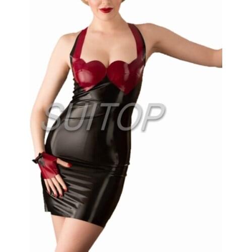 Latex Rubber tight mini Dress black color and red trim