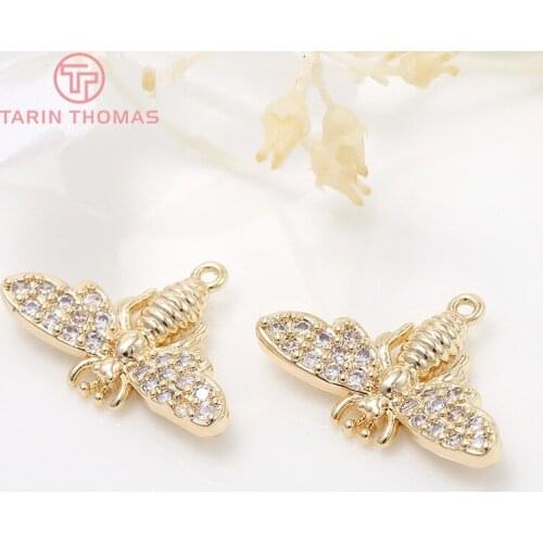 4PCS 10X18MM Hole 1MM 24K Gold Color Brass with Zircon Bee Charm Pendants for DIY Jewelry Making Findings Accessories
