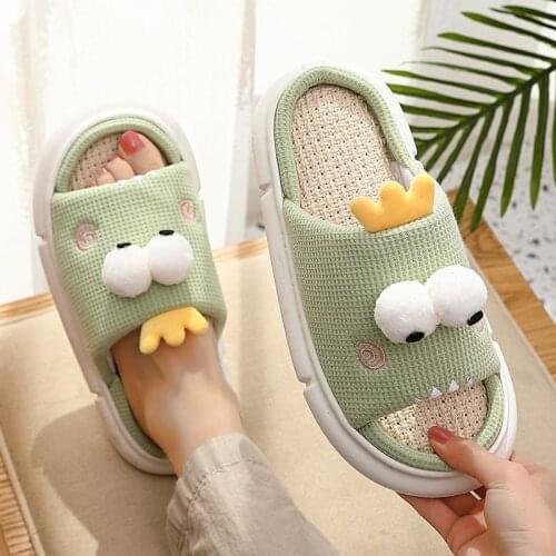 Linen female home slippers spring autumn cute indoor non-slip breathable couple shoes large size leisure floor womens slides