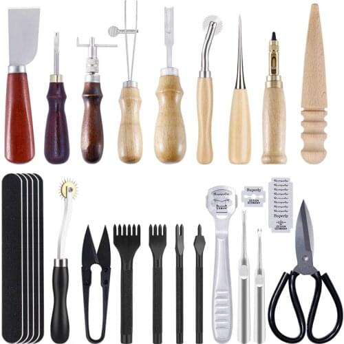 Imzay Leather Craft Punch Tools Kit Stitching Carving Working Hand Sewing Saddle Groover Leather Craft Tools Set Snap Fasteners