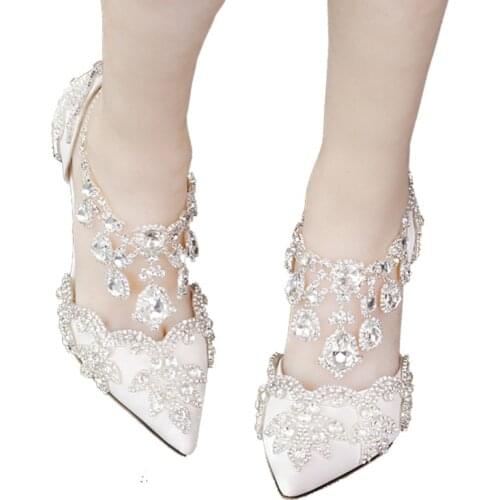 New arrival Pointed toe Womens wedding shoes Red sole Ankle strap shoes woman crystal party dress shoes RED/WHITE/PINK