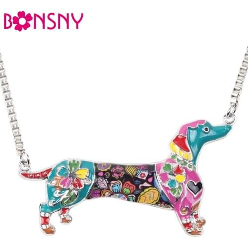 Bonsny Enamel Alloy Dachshund Dog Necklace Pendant Chain Collar Fashion Animal Jewelry For Women Girls Pet Lovers Gift Wholesale
