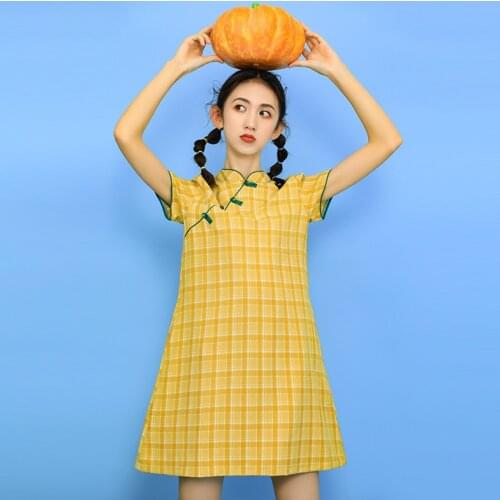 Summer New Plaid Cheongsam Fashion Slightly Fat Girl Loose A-line Skirt Modified Small Dress
