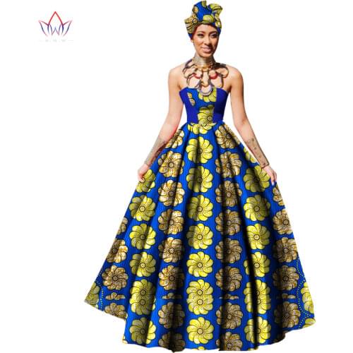 Womens African Dress Dashikis Print Ball Gown Party Dress Maxi and Strapless Women Clothing with Free Headwear Plus Size WY1805