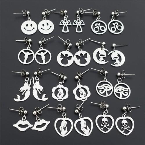 Stainless Steel Earrings Lip Mermaid Virgin Mary Jesus Skull Angel Smile Face Eye Moon Cyclist Tiny Jewelry For Women Girls