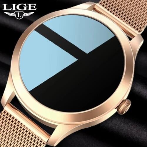 LIGE New Smart Watch Women Blood Pressure Heart Rate Monitor Fitness Tracker Round Full Touch Ladies Smart Watch for Android iOS