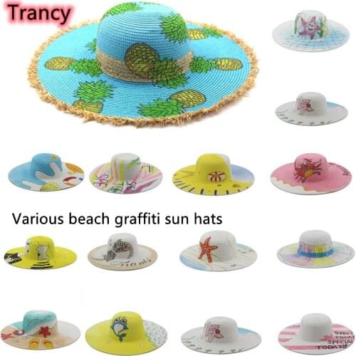 Straw hat pineapple pattern parent-child wear beach style hand-painted beach ladies straw hat fedora hat unisex панама