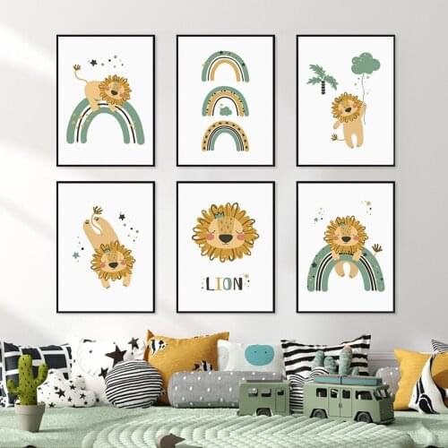 Cartoon Lion Green Rainbow Animal Modern Nursery Posters Canvas Painting Wall Art Print Picture for Kids Room Bedroom Home Decor