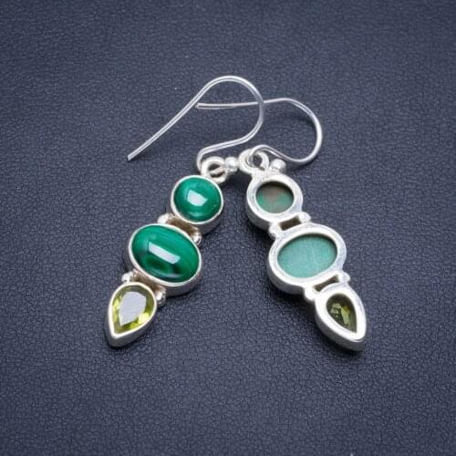 Natural Malachite and Peridot Handmade Unique 925 Sterling Silver Earrings 1.5" A2029