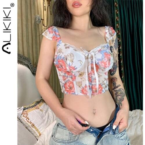 Floral Crop Top Women Ruched Straps Sexy Corset Vintage Sweet Print Tops Summer Backless Bustier Corsets To Wear Out