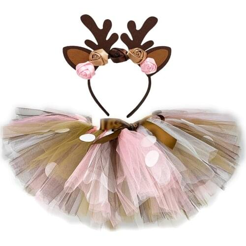 Girls Deer Tutu Skirt with Headband Fluffy Birthday Party Baby Tutu Dance Tulle Skirt Kid Deer Costume Holiday New Year Gifts