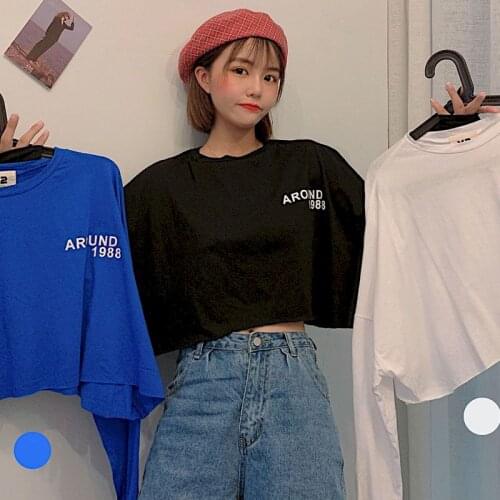 2021 Early Spring Long-sleeved T-shirt Female Korean Alphabet Print Short Crop High Waist White Harajuku Streetwear Women Tops