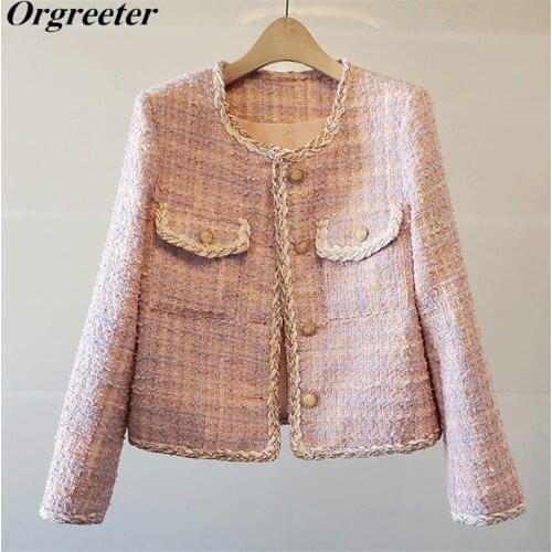 2021 Autumn Winter New Pink Loose O-neck High-end Shoulder Pads Single-breasted WeaveTweed Jacket for Women Chamarras De Mujer