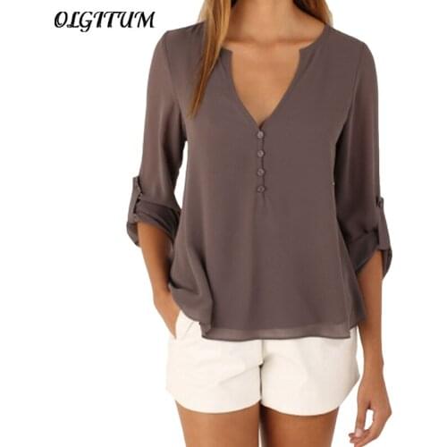 Women shirt 2019 Fashion blouse deep V collar temperament chiffon shirts Solid color Tops loose sexy shirt for women Plus Size
