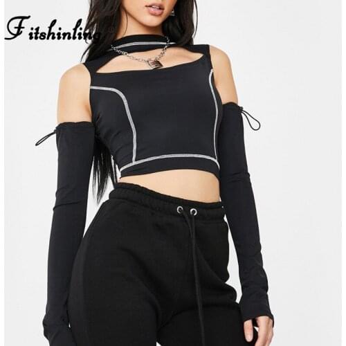 Fitshinling Open Shoulder Gothic Crop Top Cut Out Sexy Dark Black T Shirt Women Grunge Punk Slim Long Sleeve Female T-Shirt New