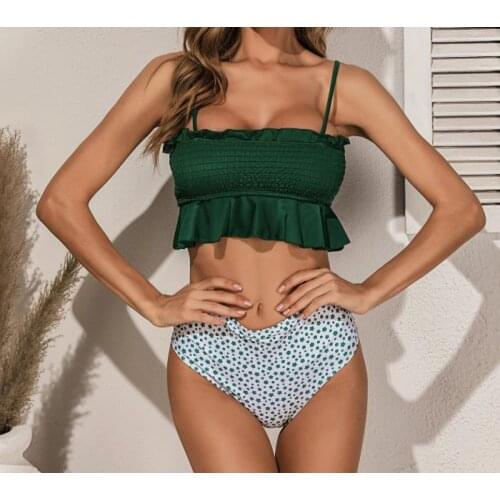 Women Conservative Two-piece Bathing Suit Adjustable Strap Solid Color Ruffle Top with Chest Pad High Waist Floral Thong Set