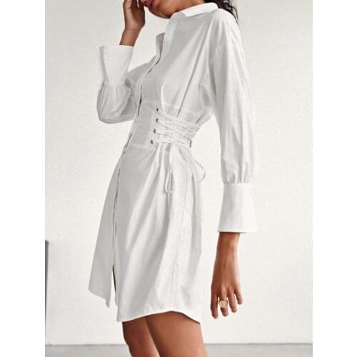 Summer Shirt Dress 2021 New Single Breasted Side Lace Up Elegant Office Lady Empire Women Dress Loose Long Sleeve White Dresses