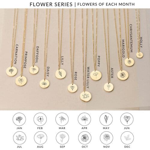 Birth Month Flower Necklace Round Square Pendant With Engraved Name Dainty Name Tag Necklace Stainless Steel Jewelry For Women