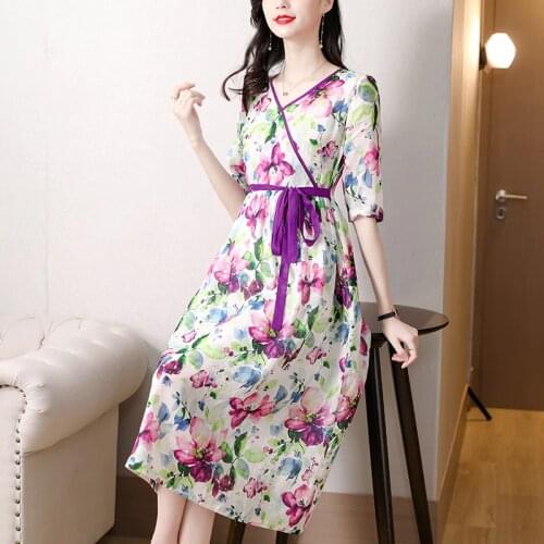 Women Fashion Purple Floral Cotton Linen Midi Dress 2021 Summer Casual Vintage 3XL Plus Size Dress Elegant Bodycon Party Vestido