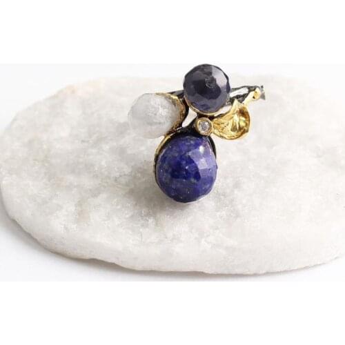 Blue Lapis Lazuli and White Light Blue Zircon Gold Plated Womens Silver Ring,Woman 925Silver Zircon Handmade Ring, MultiColor