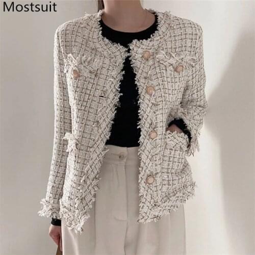 Vintage Elegant Tweed Women Coats Jackets 2020 Autumn Winter Long Sleeve O-neck Single-breasted Pockets Ladies Korean Coats