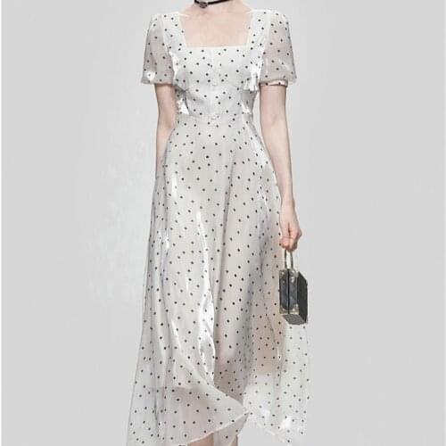 Vintage Hepburn Polka Dot Summer Women Dress Fashion Square Collar Puff Sleeve Casual Sweet Elegant High Waist Party Long Dress