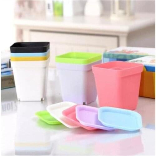 [2021 ] 1Pc Mini Square Plastic Flower Pot With Tray Home Office Decor Planter Colorful With Pots Green Artificial Holder