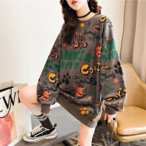 2021 Spring Autumn Winter Womens Pullover Korean Version Loose Mid-length Long-sleeved Graffiti Printed Student Goth Clothes