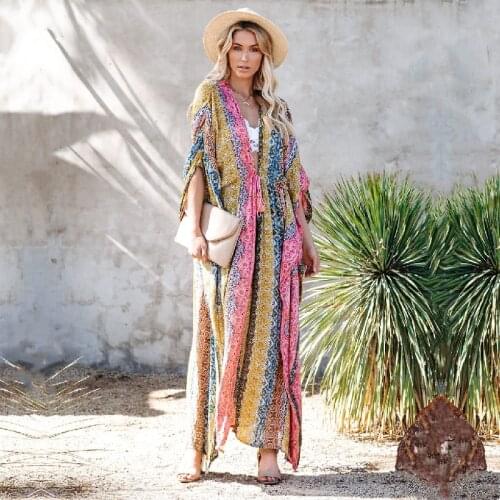 2020 Multicolored Bikini Cover-ups Sexy V-neck Long Sleeve Boho Summer Beach Dress Plus Size Beachwear Swimsuit Cover Up Q1085