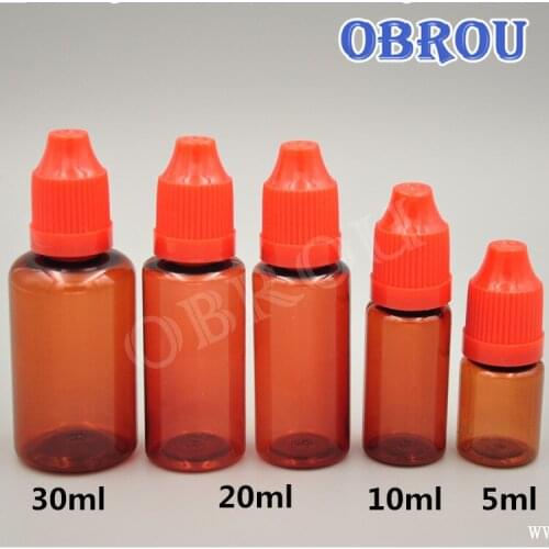 Free shipping1000pcs 5ml10ml/30ml PET plastic dropper bottle long thin tips amber eye liquid bottle with childproof cap