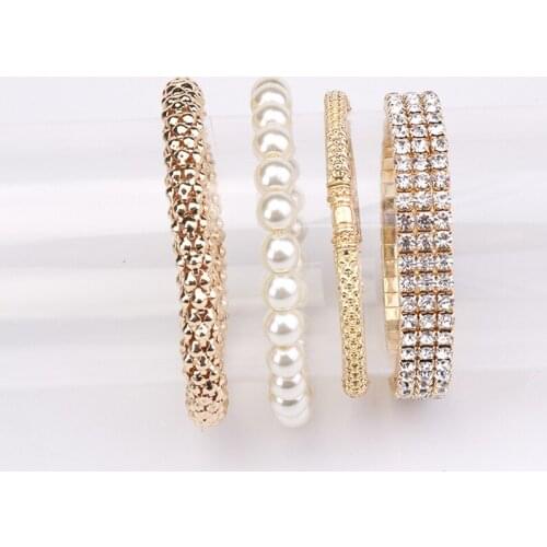 European And American Bracelet Set Fashion Pearl Alloy Rhinestone Elastic Bracelet Ladies Temperament 4 Piece Set Jewelry