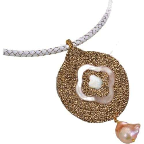 GG Jewelry 18" White Leather Necklace Pink Keshi Pearl Golden CZ Shell Pendant