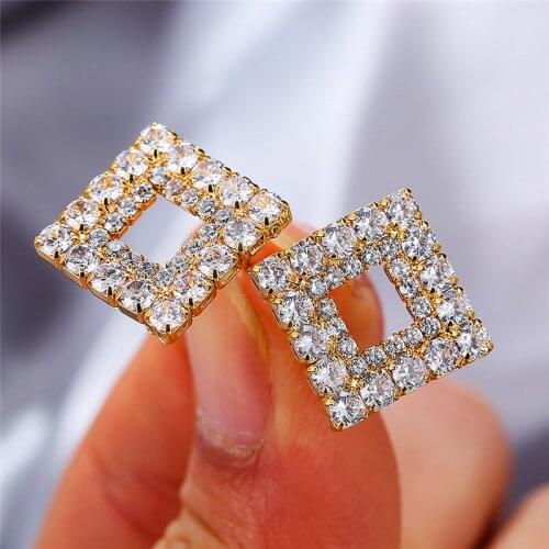 Dainty Hollow Round Stone Earrings Simple Female White Crystal Square Earrings Trendy Gold Color Stud Earrings For Women Wedding