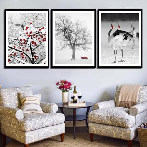 Snow Plum Blossom Red-crowned Crane Canvas Painting Wall Art Nordic Posters and Prints Wall Pictures for Living Room Decoration