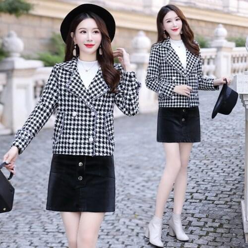 Plaid Woolen Jacket Womens Short Tops 2021 Autumn Winter New Slim Long-sleeved Outwear Plus size Double-breasted Female Coat