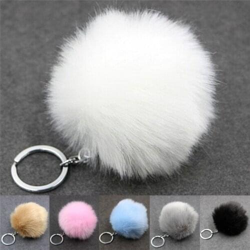 Silver Metal Key Chain Faux Rabbit Fur Ball Buckle pom pom fluffy porte clef llaveros Keychain For Bag