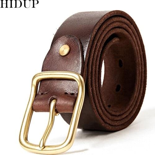 HIDUP Mens Design Top Quality Solid Cowhide Leather Belt Brass Needle Buckles Metal Cow Belts for Men Jeans Accessories NWJ855