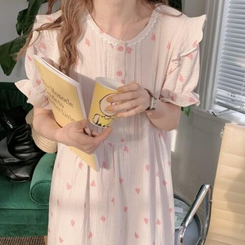 Vintage Print Summer Nightgown Women O-Neck Ruffles Korean Buttons Cotton Long Sleepwear Loose Home Clothes Pink Heart Casuall
