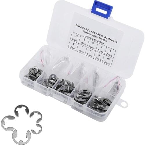 New 120Pcs/Set 304 Stainless Steel E-Clip Retaining Snap Ring Circlip Kit 1.5mm-10mm Assortment Kit Fasteners Combination Box